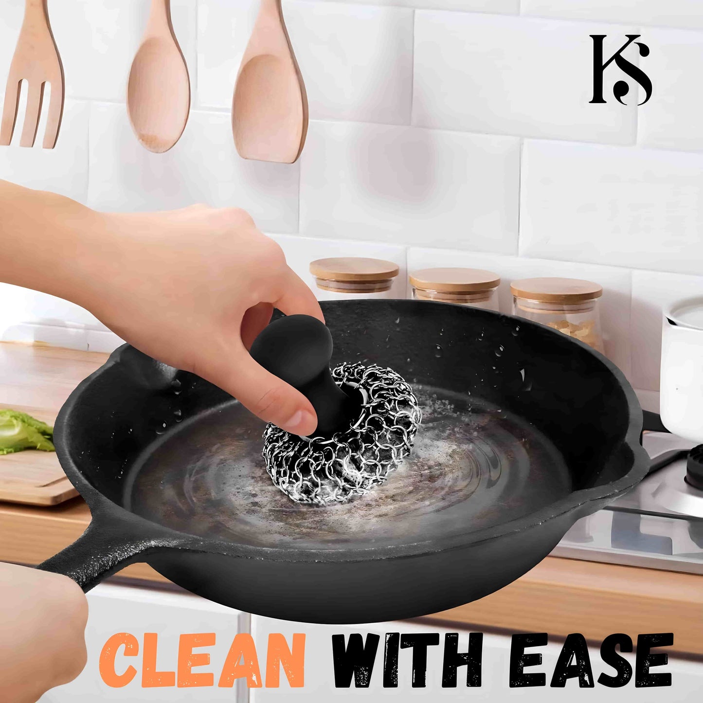 The Practical Cast Iron Cleaner Holder Including Specially Fitted Chain Mail (+Free Silicone Scraper)