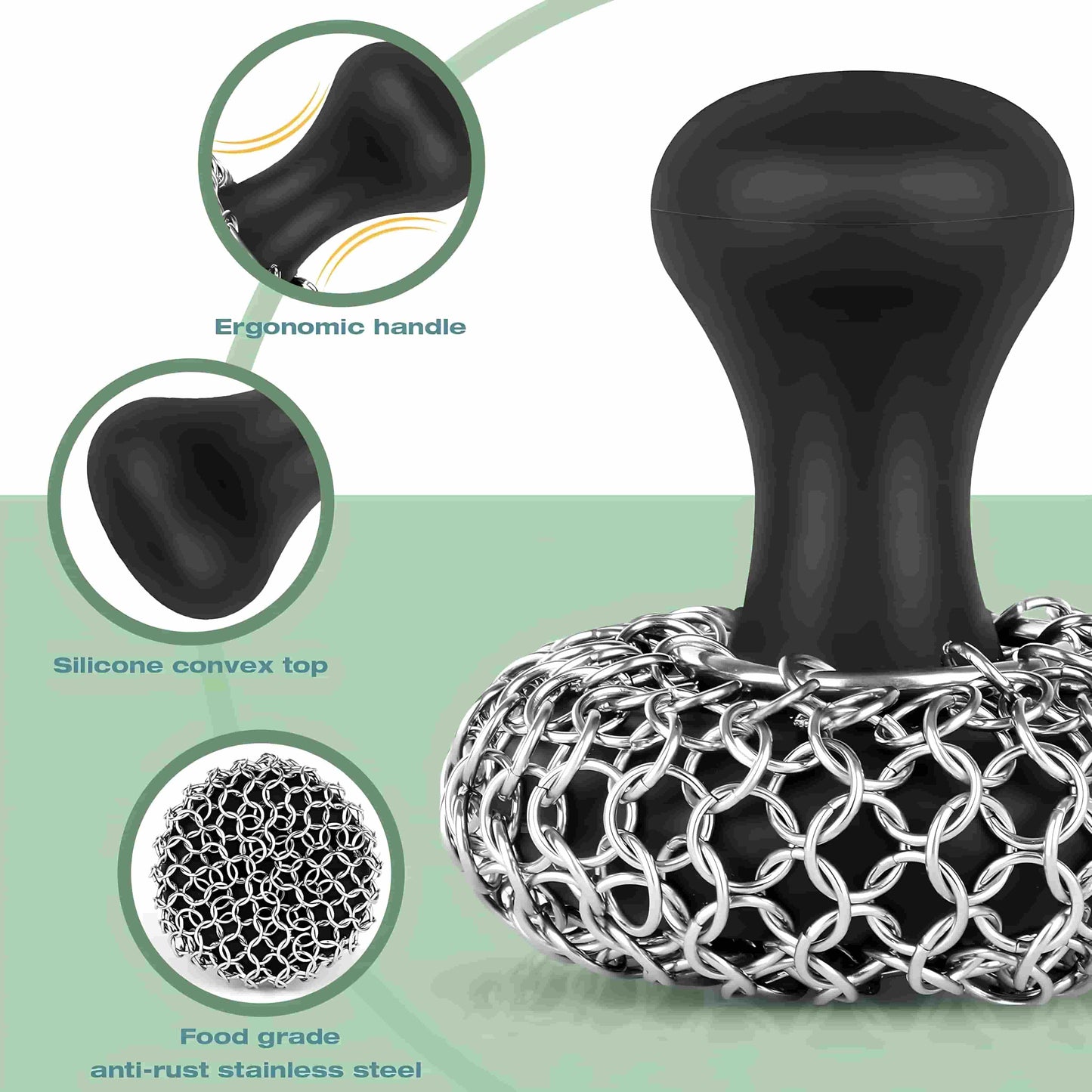 The Practical Cast Iron Cleaner Holder Including Specially Fitted Chain Mail (+Free Silicone Scraper)