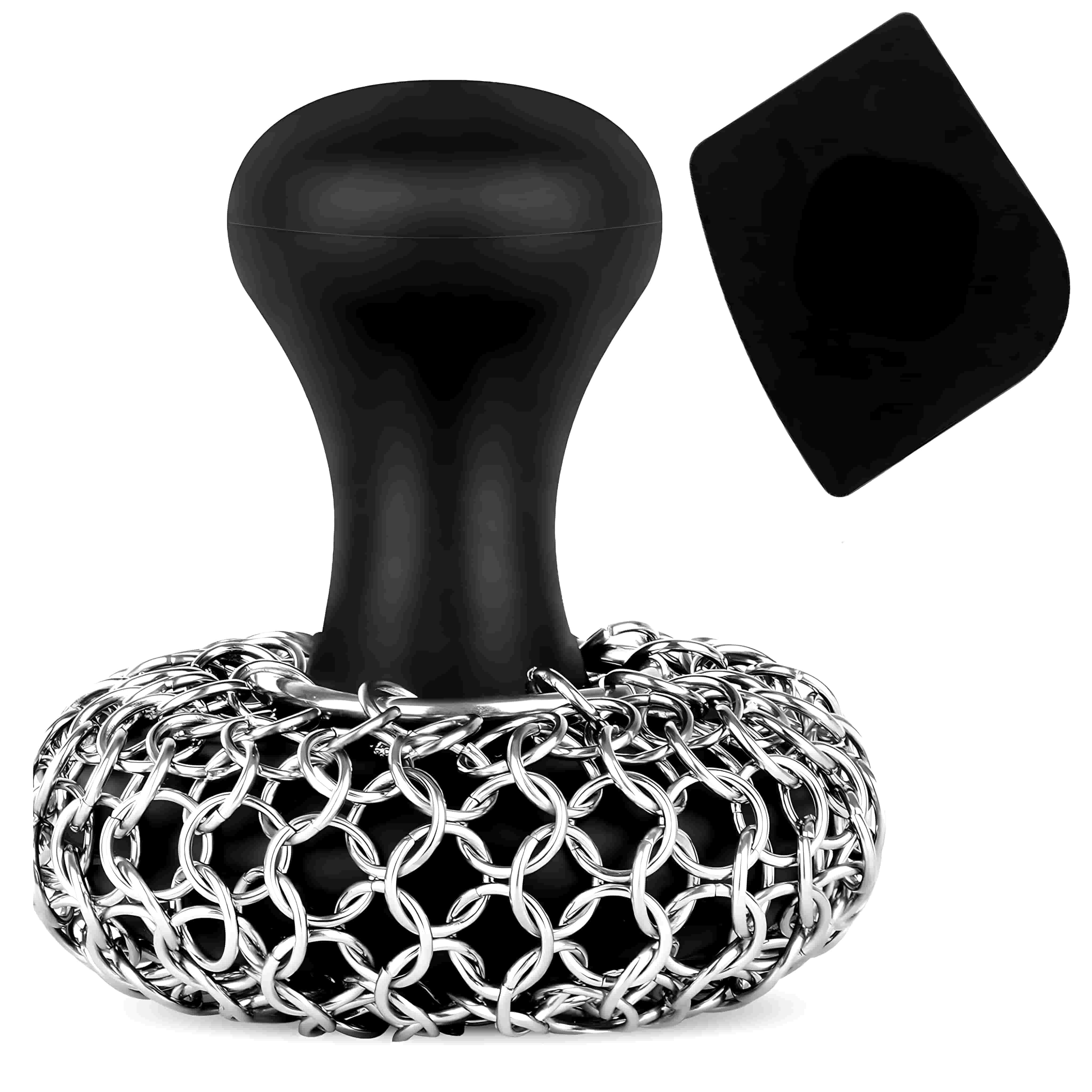 The Practical Cast Iron Cleaner Holder Including Specially Fitted Chain Mail (+Free Silicone Scraper)