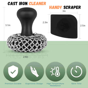 The Practical Cast Iron Cleaner Holder Including Specially Fitted Chain Mail (+Free Silicone Scraper)
